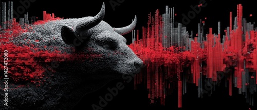 Obraz na płótnie A bull silhouette against a digital soundwave background in red and black, suggesting strength and volatility. w salonie