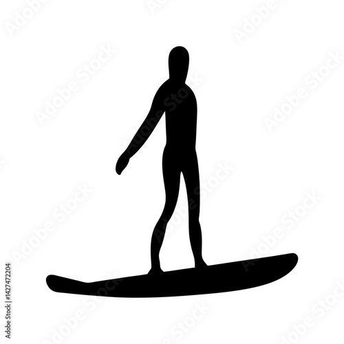 Black silhouette of a surfer riding a surfboard on a white background