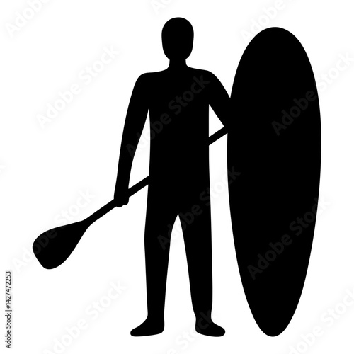 Silhouette of a person holding a paddle and stand up paddle board