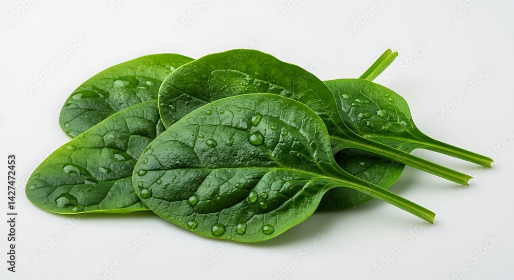 Fototapeta premium Vibrant green spinach leaves are displayed with refreshing water droplets in a close-up shot.