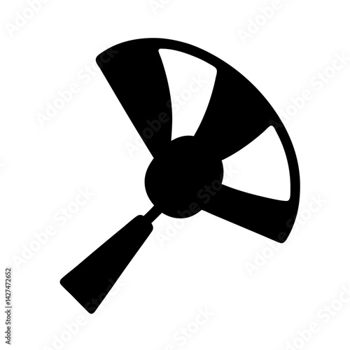 A stylized black silhouette of a fan with handle on white background