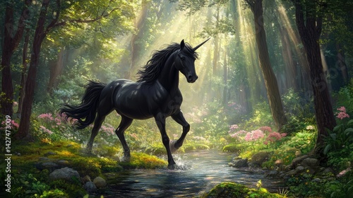 A majestic black unicorn with a long, flowing mane and tail strides gracefully through a sunlit forest