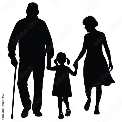 Silhouette of Grandparents Walking with Granddaughter