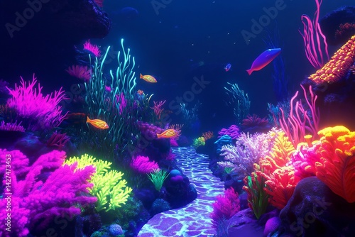 Fototapeta Naklejka Na Ścianę i Meble -  A psychedelic underwater scene with neon fish swimming through vibrant coral reefs, glowing in the dark,  created by ai