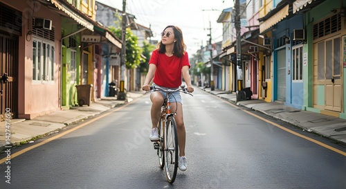 Wallpaper Mural Woman Riding Bicycle on Colorful Street, Urban Cycling Adventure Torontodigital.ca
