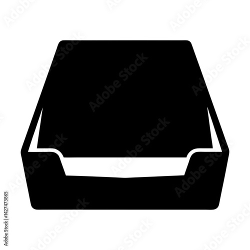 Black monochrome graphic of an empty pet bed or litter box