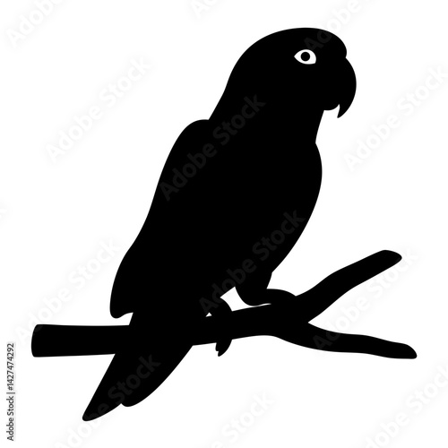 Silhouette of a lovebird perched gracefully on a branch against white backdrop