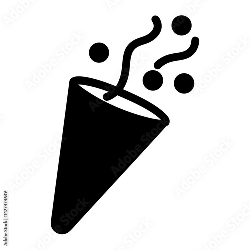 Black and white graphic illustration of a party popper with confetti