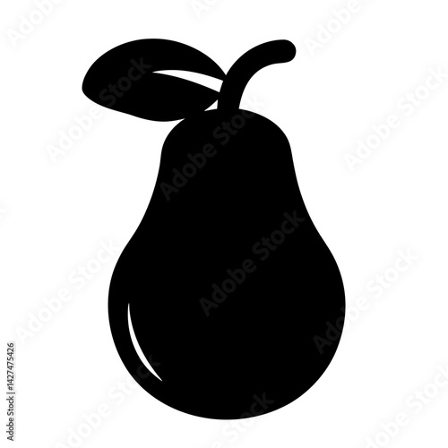 Solid black silhouette of a pear with leaf and stem design