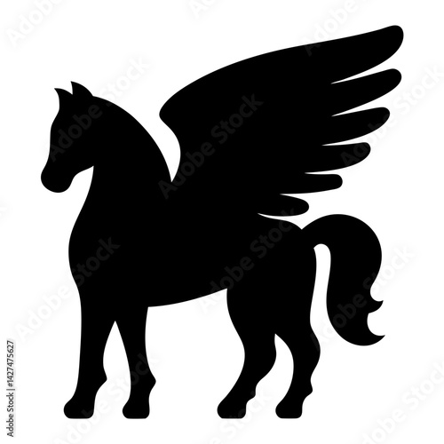 Silhouette of a winged horse, a pegasus, standing in stark contrast