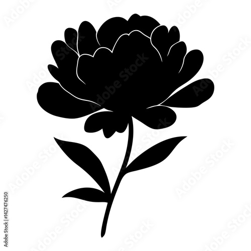 Striking black silhouette of a beautiful peony flower with stem and leaves