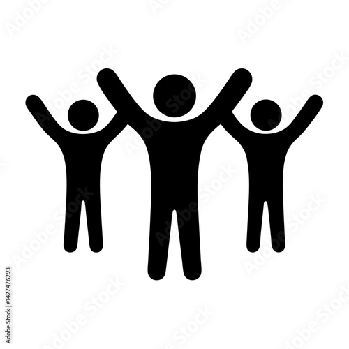 Three stylized figures celebrating together with their arms raised in the air
