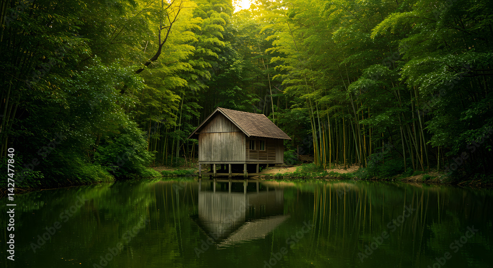Fototapeta premium A cozy wooden cabin sits snugly in the middle of a thick forest