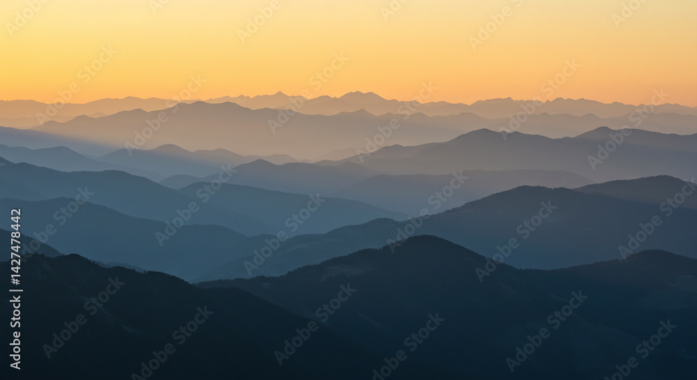 Golden Hour Mountain Range with Silhouetted Peaks and Misty Blues Golden Hour Mountain Range with Silhouetted Peaks and Misty Blues