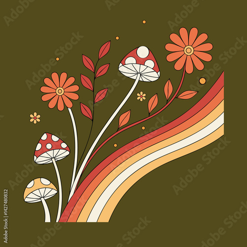 Abstract aestheyic wall art Print with Hippie Style Flowers and Mushrooms Background - 70's Groovy Themed Hand Drawn Abstract Graphic Tee Vector Print