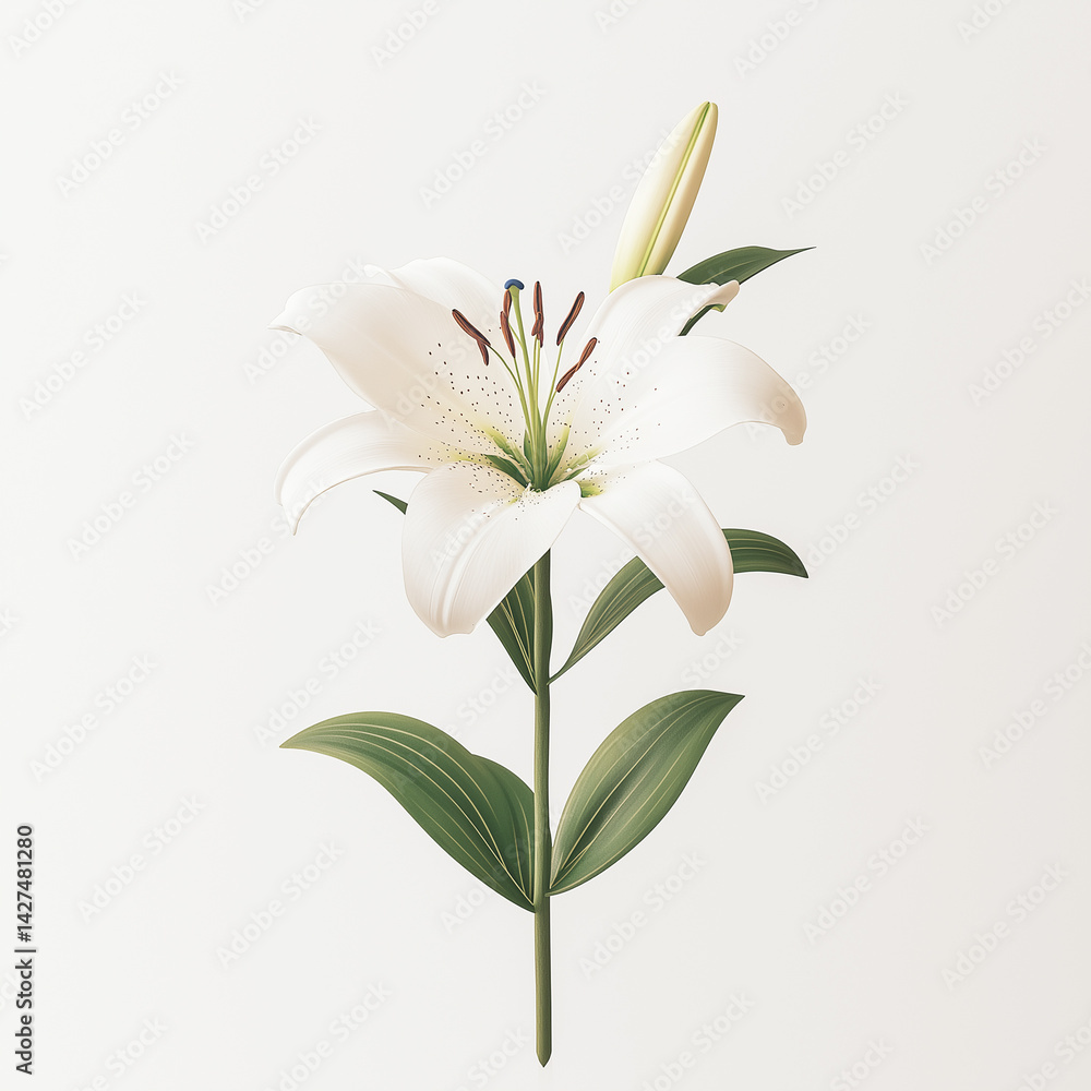 A minimalist composition of a single lily flower on a white background A minimalist composition of a single lily flower on a white background