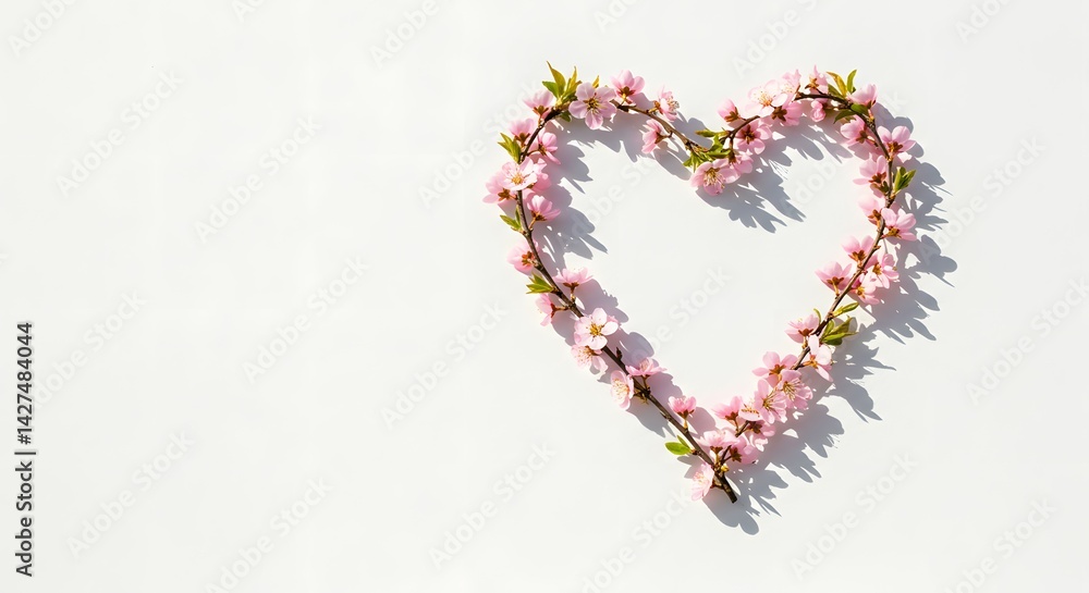 Delicate Pink Blossoms Arranged in a Heart Shape on White Background Spring Floral Design Delicate Pink Blossoms Arranged in a Heart Shape on White Background Spring Floral Design