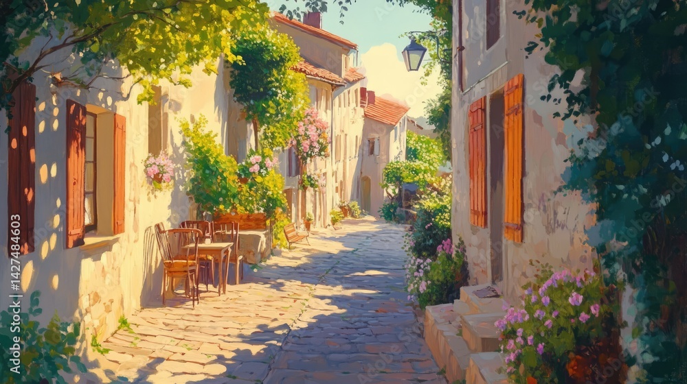 Fototapeta premium Narrow cobblestone street in a charming European village with yellow and beige stone buildings