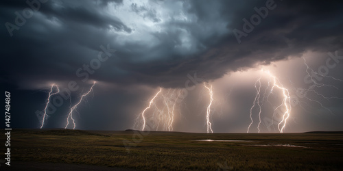 Dramatic lightning storm over a field with dark clouds and bright strikes illuminating the landscape
