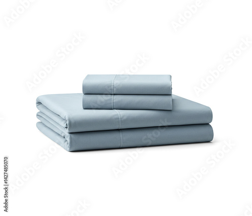 A folded bedsheet set with pillowcases, neatly stacked, isolated on white