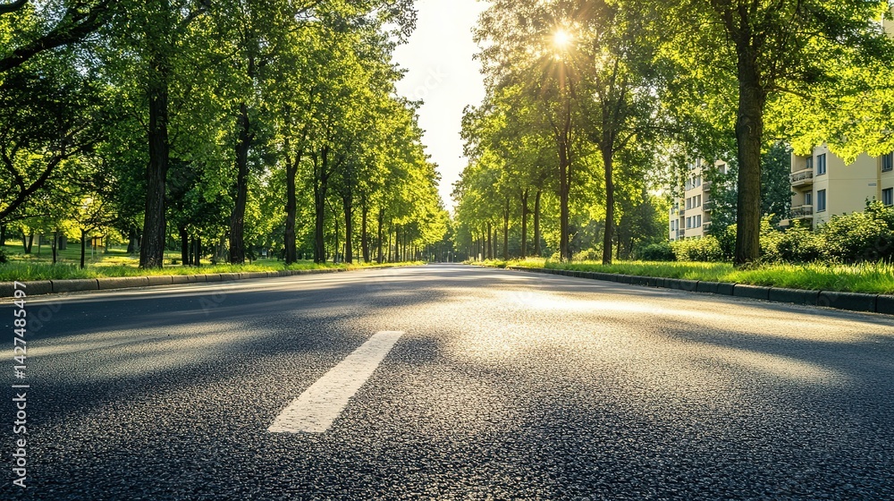 Fototapeta premium Wide Asphalt Road Between Modern Apartment Buildings with Green Trees and Warm Summer Sunlight