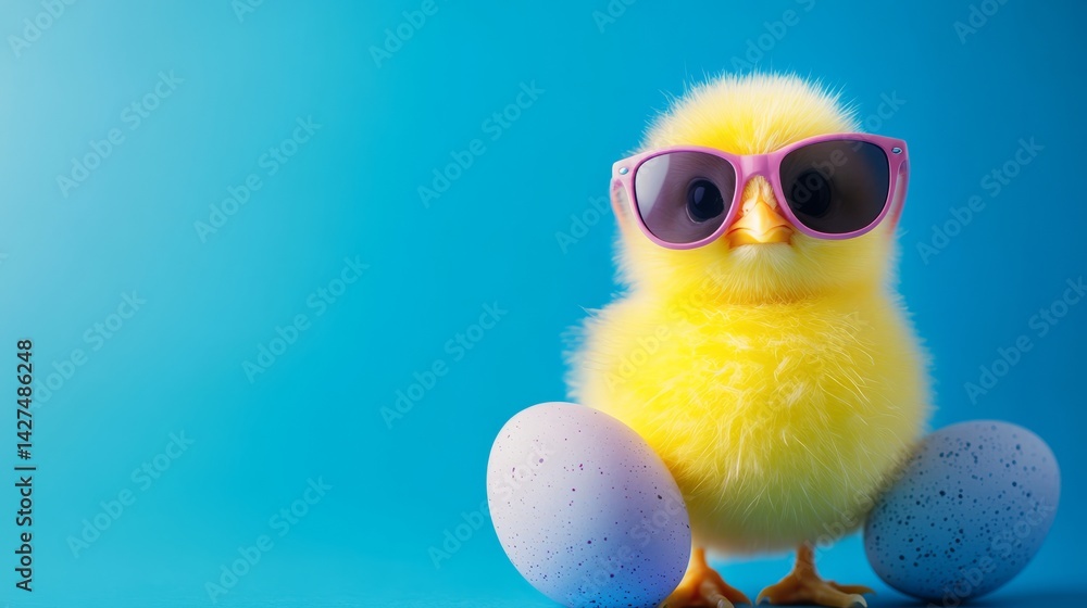 happy easter concept holiday greeting card with text - Cool cute chick with sunglasses and easter egg, isolated on blue background. happy easter concept holiday greeting card with text - Cool cute chick with sunglasses and easter egg, isolated on blue background.