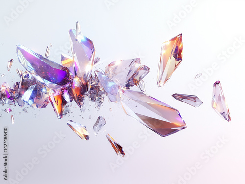 A scattered array of iridescent crystals floating against a bright white seamless background space art