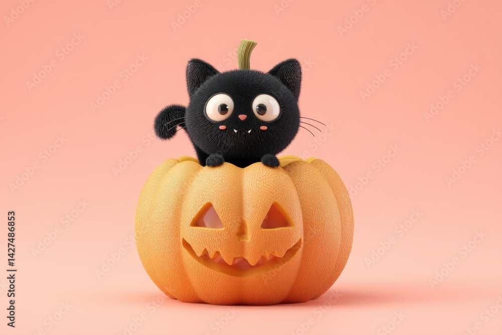 Cute black cat perched in a carved pumpkin. Cute black cat perched in a carved pumpkin.