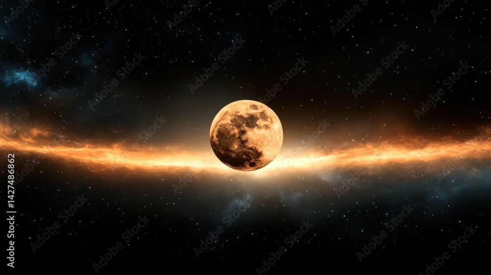 Fototapeta premium Pixel Art Moon in Glowing Nebulae Cosmic Digital Landscape