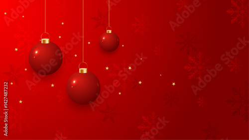 Three red Christmas ornaments and snowflakes on a red background; suitable for holiday greeting cards, festive decorations, and winter themed design projects.