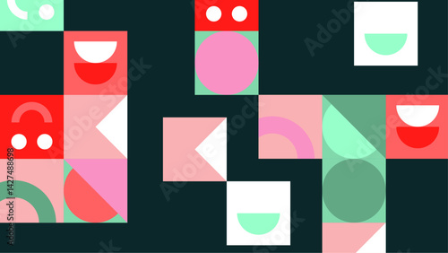 Geometric abstract pattern blending pink, green, and red shapes, suitable for backgrounds, print designs, textiles, and packaging projects.
