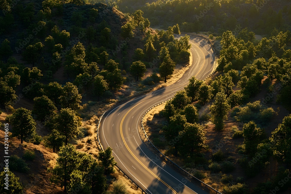 Fototapeta premium Aerial view of a winding road through a forest with sunlight shining on the trees and the road