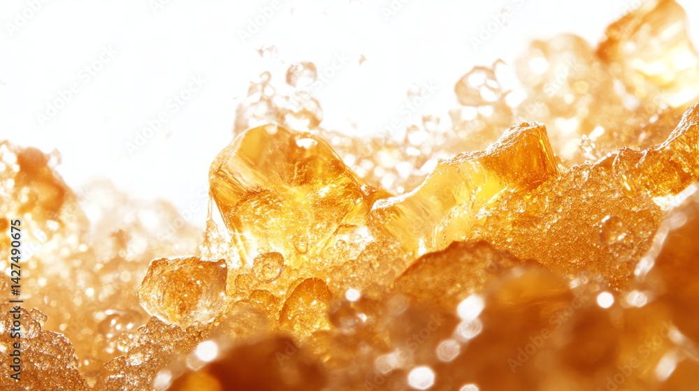 Close Up of Sparkling Amber Sugar Crystals with a Blurred Background Close Up of Sparkling Amber Sugar Crystals with a Blurred Background