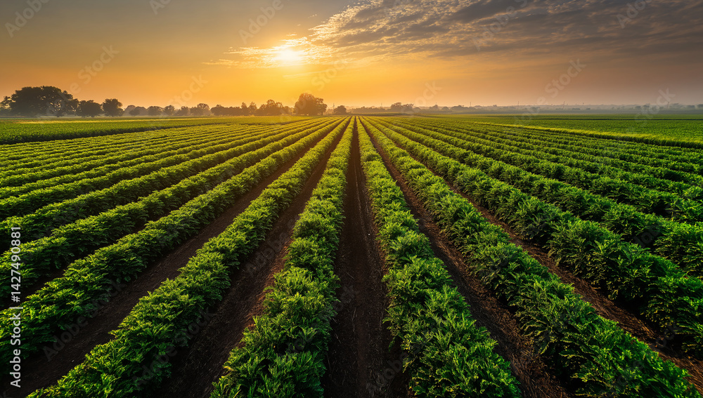 Aerial view of rows of crops in a field at sunset with trees and sky in the background landscape scene Aerial view of rows of crops in a field at sunset with trees and sky in the background landscape scene
