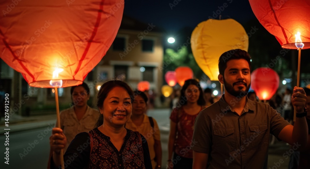 Naklejka premium Nighttime Lantern Festival Parade: Illuminated Sky and Joyful Faces
