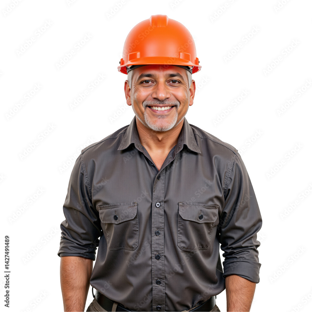 Portrait of a middle-aged Hispanic man in a black button-up shirt wearing an orange hard hat, smiling confidently against a dark background, representing construction and safety professions. Portrait of a middle-aged Hispanic man in a black button-up shirt wearing an orange hard hat, smiling confidently against a dark background, representing construction and safety professions.