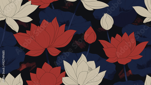 Seamless vector pattern of an Asian lotus flowers with ink line texture. Elegant background design inspired by traditional oriental art. Chinese or japanese border.