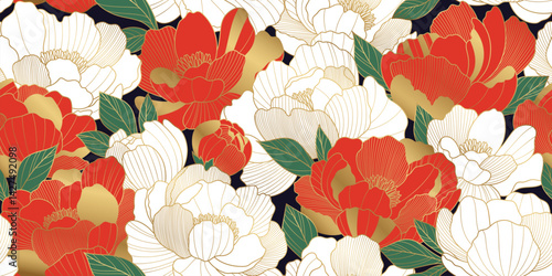 Chinese luxury seamless vector pattern with oriental peony flowers and leaves. Asian background of gold lines art texture. Design illustration for wallpaper, card, poster, packaging, advertising