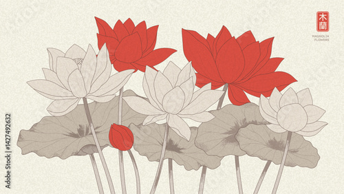 Stylized oriental vector illustration of lotus flowers in red and beige tones. Asian-inspired line drawing with floral pattern, perfect for elegant backgrounds or prints.