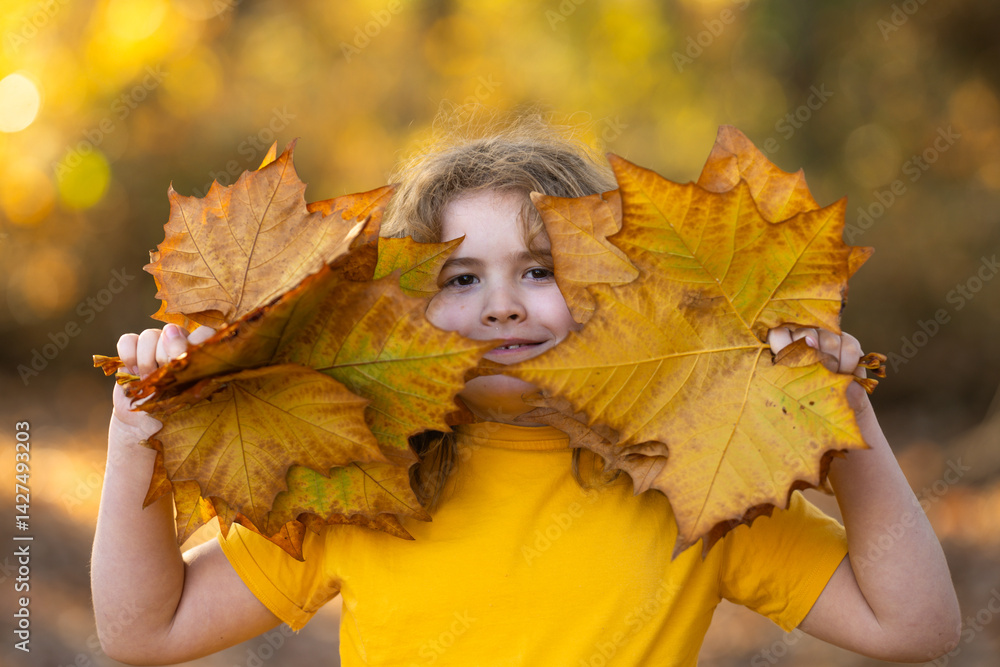 Kids with Autumn leaves of maple trees backdrop. Child near Autumn fall leaves in sunlight. Little kid in Autumnal fall park. Kids and Foliage, falling leaves. Autumn leaf with child. Falling leaves