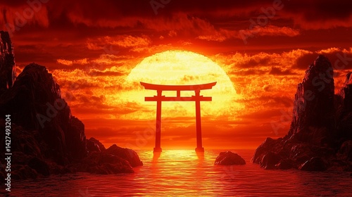 夕日に輝く海中鳥居のシルエット