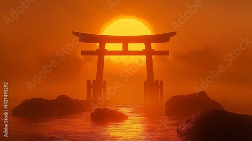 夕日に輝く海中鳥居のシルエット