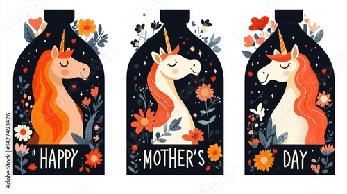 Mother's Day Vector Illustration: Cute Unicorns in Bottles with Floral Accents, Dark Navy & Orange-Red Color Palette for Web Banners, Greeting Cards, Social Media Posts, or Festive Decorations - Minim