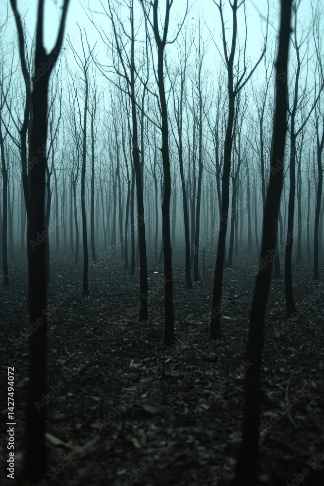 Obraz premium Eerie forest bare trees shrouded in mist dark ground