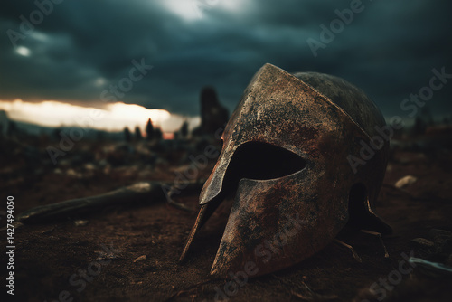 Close up of a spartan helmet on a battlefield with a stormy sky in the background at dusk time
