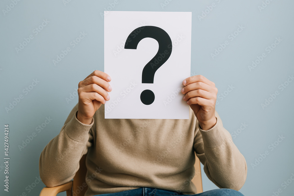 Mysterious person holding question mark sign in front of face Mysterious person holding question mark sign in front of face