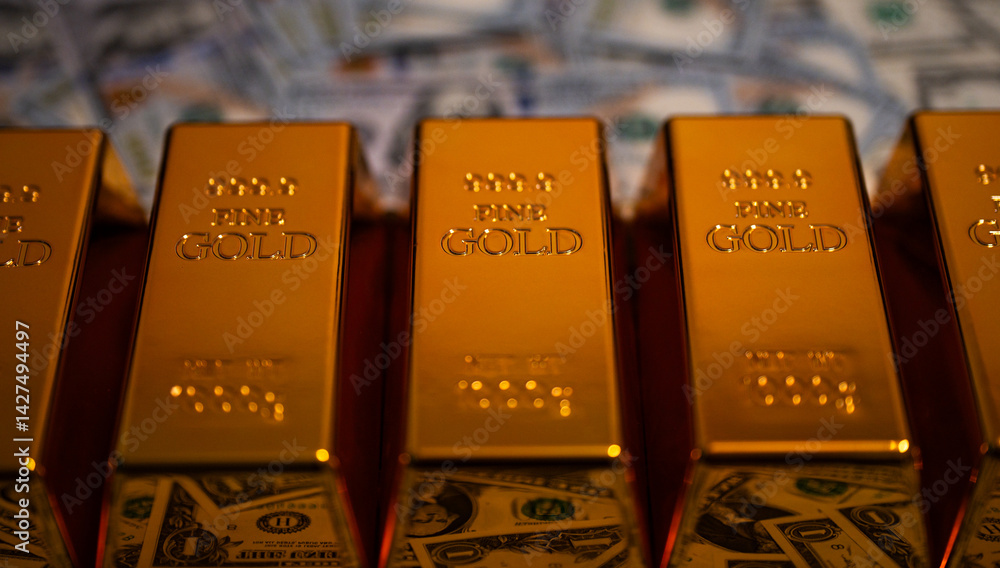 Dollars with gold bar background. Precious metals. Saving finance in gold bar. Dollars vs gold bar. Saving money background. Dollar bills vs gold bars. Banking and savings. Golden metal.