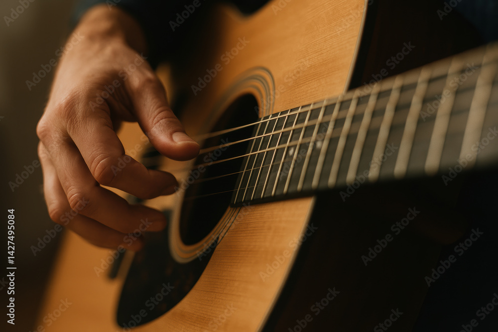 Fototapeta premium Close up of hand strumming acoustic guitar strings, creating music in warm ambient light