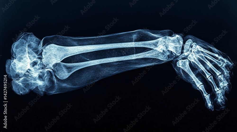 x-ray of human hand and forearm with skeletal structure and bone anatomy visualization x-ray of human hand and forearm with skeletal structure and bone anatomy visualization
