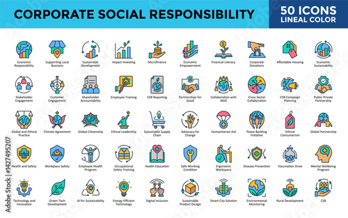Corporate Social Responsibility icons set with economic responsibility, supporting local business, sustainable development, impact investing, microfinance icon. Simple lineal color vector 
